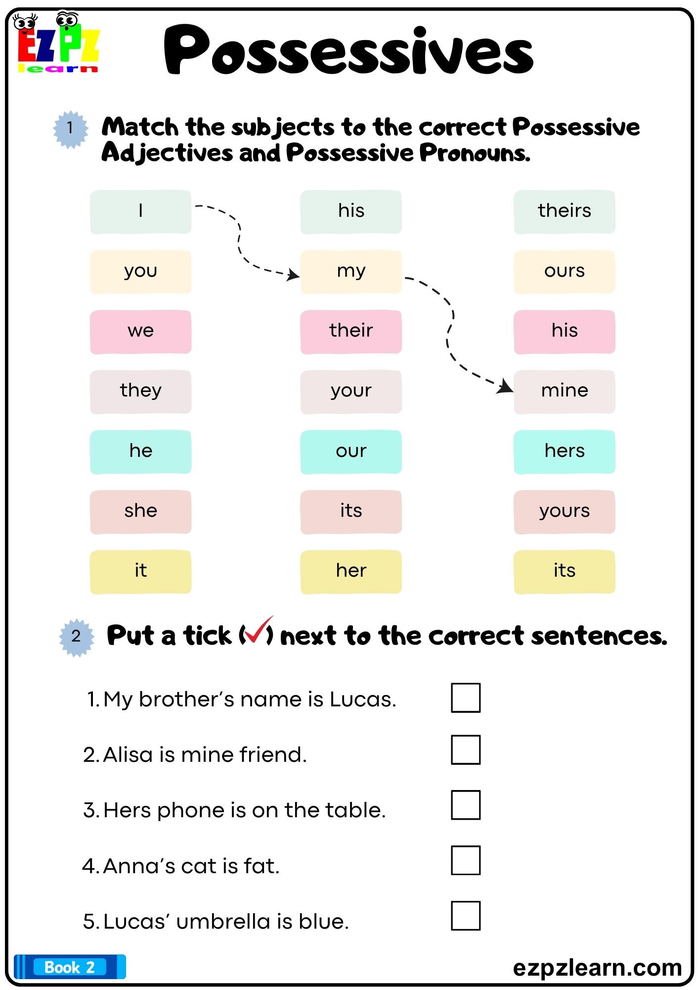Possessives Match The Subjects To The Possessive Adjectives And possessive-adjectives-and-pronouns-ficha-interactiva-y-descargable